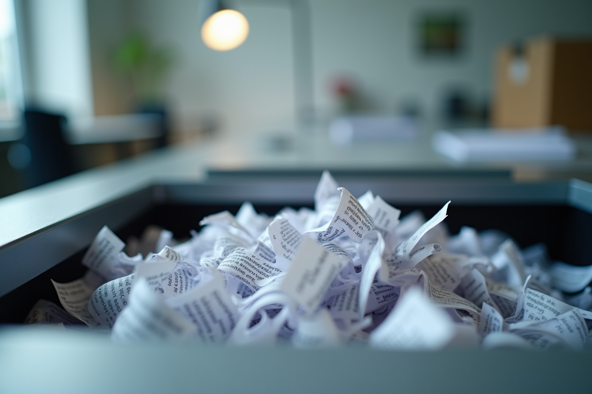 Broyage de courrier en papier déchiqueté dans un bureau bien éclairé