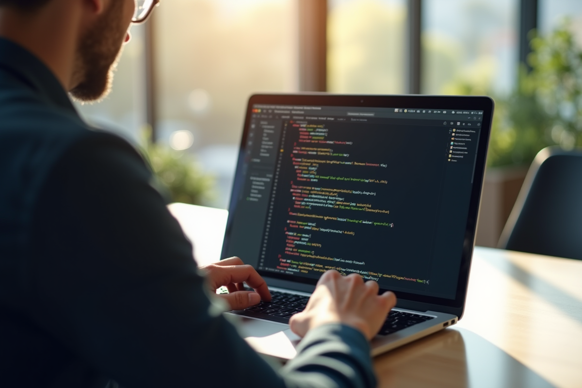 Personne travaillant sur code HTML dans un bureau lumineux