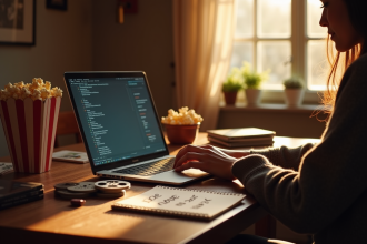 Personne utilisant un ordinateur portable dans un bureau cosy avec DVD et popcorn