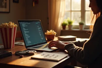 Personne utilisant un ordinateur portable dans un bureau cosy avec DVD et popcorn