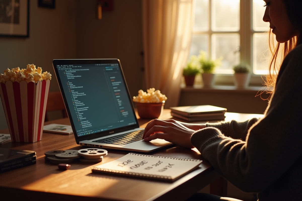Personne utilisant un ordinateur portable dans un bureau cosy avec DVD et popcorn