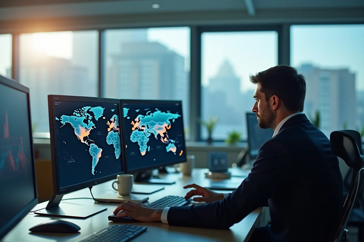 Personne d affaires stressée dans un bureau moderne avec cartes numériques