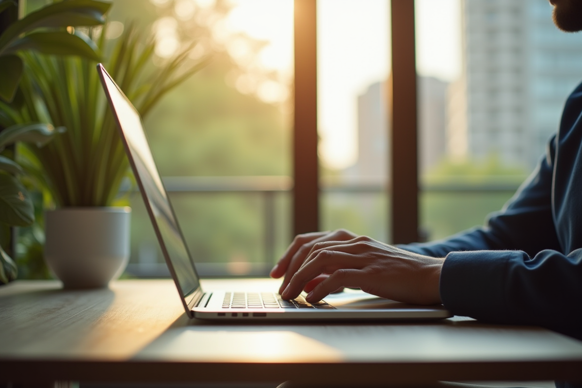 Personne tapant sur un ordinateur portable dans un bureau lumineux