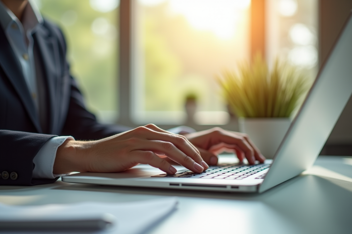 Personne tapant un email professionnel sur un ordinateur portable lumineux
