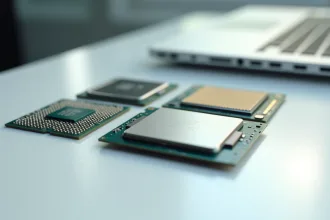 Vue rapprochee de cinq processeurs informatiques aux formes variées