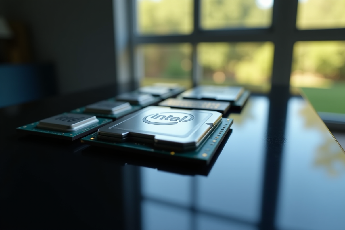 Plusieurs processeurs Intel alignes sur surface noire reflective