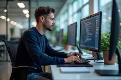 Jeune homme en informatique devant un écran d'erreur