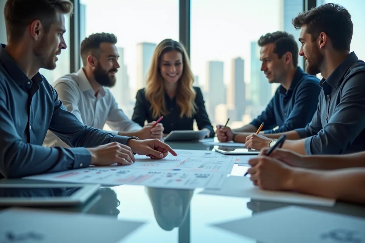 Groupe de professionnels discutant autour d