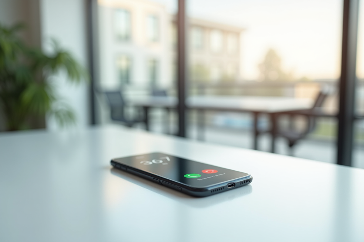 Smartphone sur bureau blanc lumineux avec appel 3677