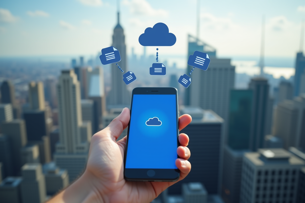 Smartphone avec application OneDrive et nuages numériques en arrière-plan