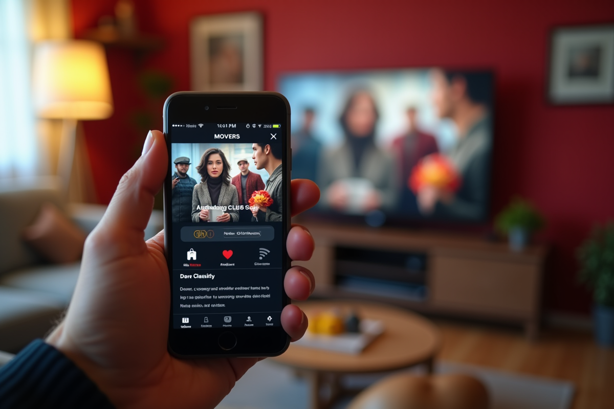 Main tenant un smartphone avec une application de recherche de films dans un salon lumineux