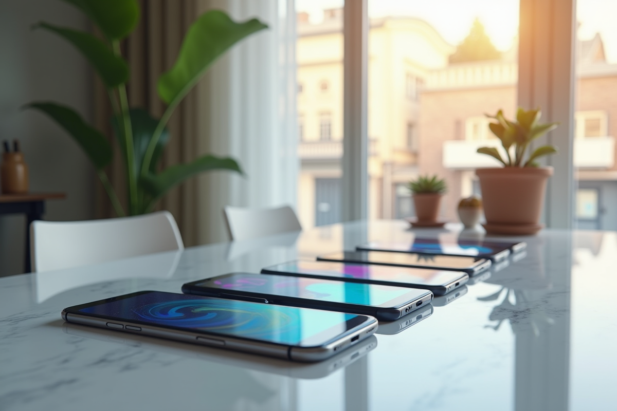 Smartphones chinois modernes sur une table ensoleillée