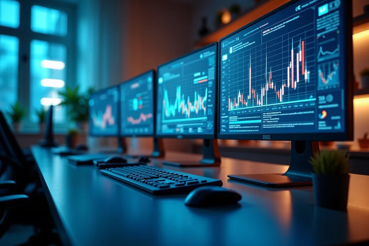 Bureau informatique futuriste avec ecrans dynamiques lumineux