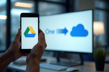 Main tenant un smartphone devant un écran lumineux avec logos Google Drive et OneDrive