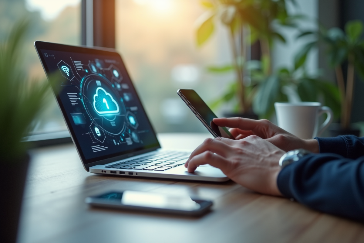 Mains utilisant un ordinateur portable et smartphone avec icônes de cybersécurité