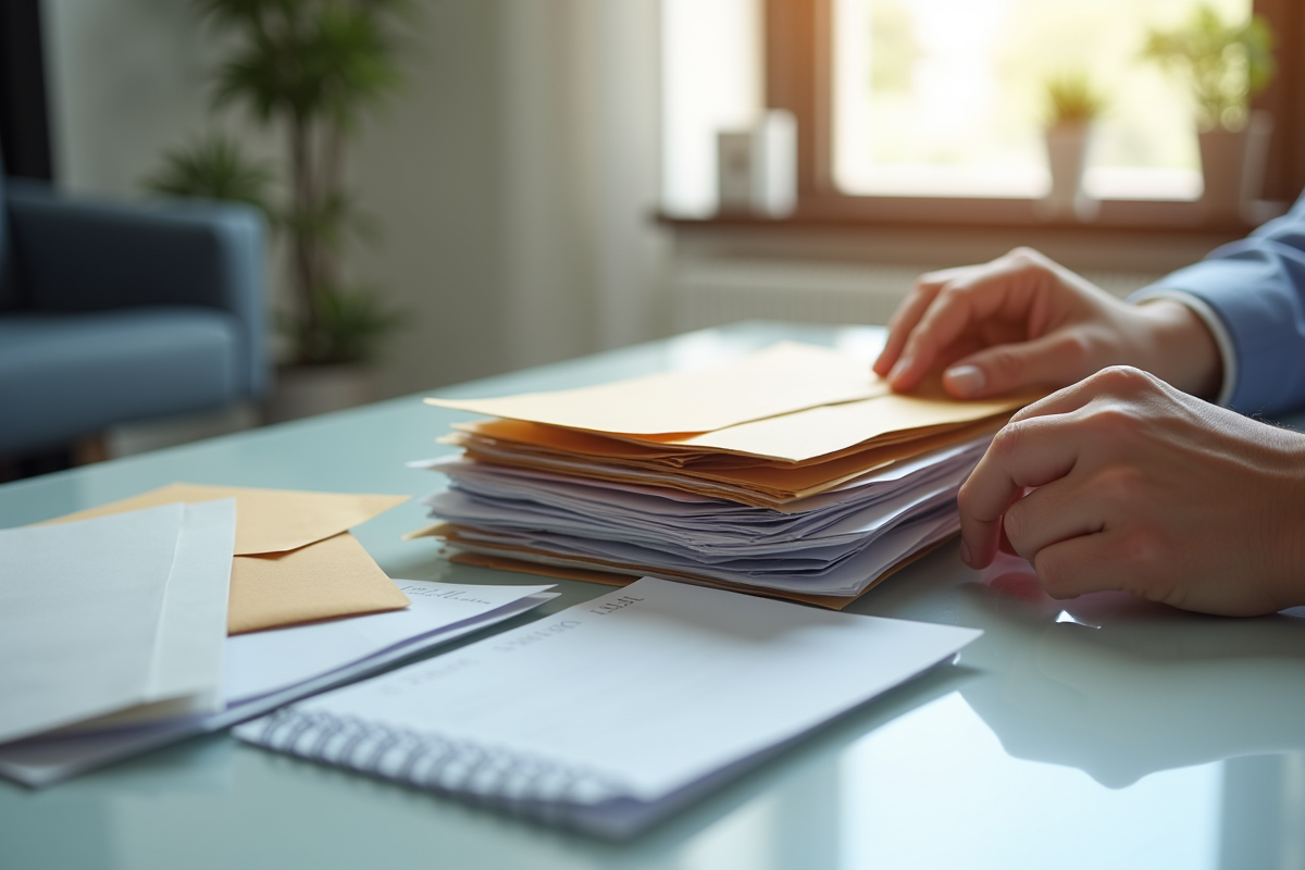 Personne triant des enveloppes et courrier à un bureau lumineux