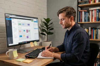 Webmaster indépendant travaillant sur des maquettes de site web dans un bureau à domicile minimaliste